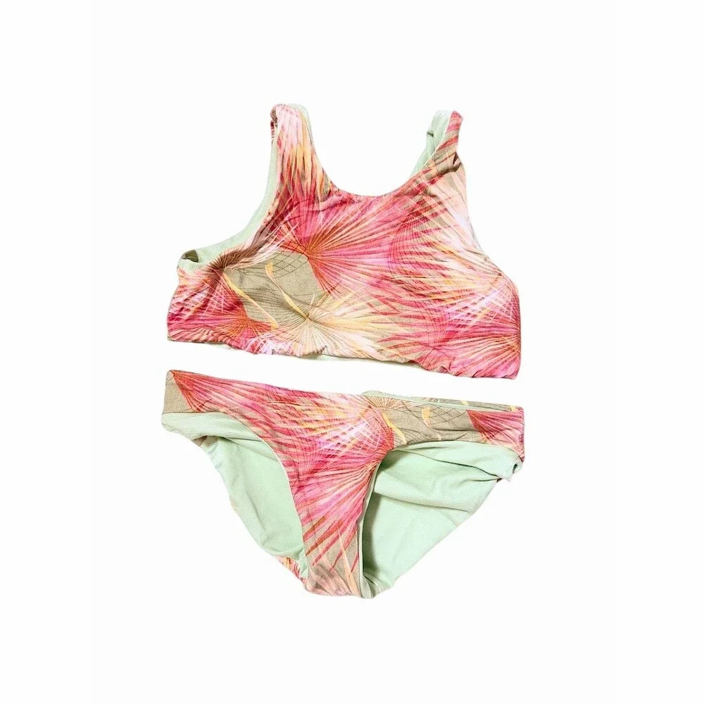 IMSY Girls Reversible Bikini Set 8 | Mint Green & Tropical Palm Print